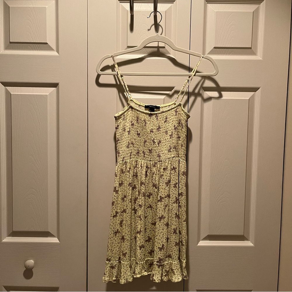 Forever 21 Floral Butterfly Mini Dress Yellow Smocked Sundress Spaghetti Strap